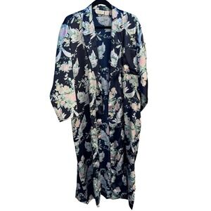 Victorias Secret Vintage Gold Label Floral Satin Robe Navy Long Pockets NO BELT